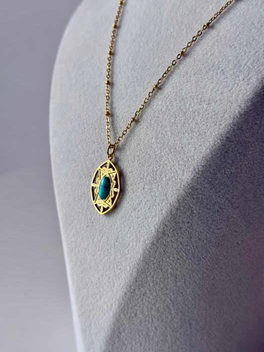 Turkuaz Taşlı Ayna Kolye